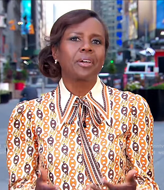Deborah’s chain print tie neck blouse on Good Morning America