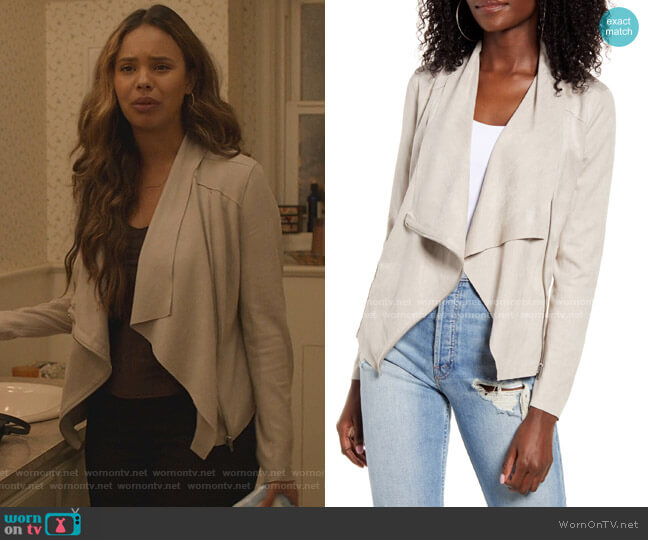 BlankNYC Drape Front Faux Suede Jacket in Instigator worn by Jessica Davis (Alisha Boe) on 13 Reasons Why