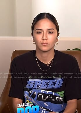 Erin’s black Speed car print tee on E! News Daily Pop