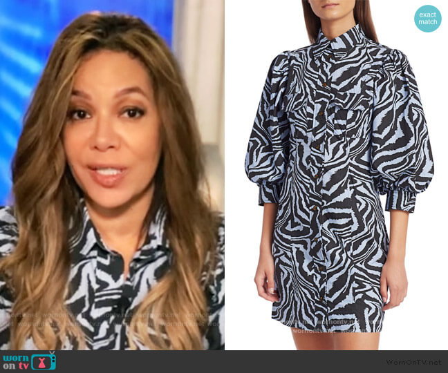 Ganni Puff-Sleeve Zebra Mini Shirtdress worn by Sunny Hostin on The View