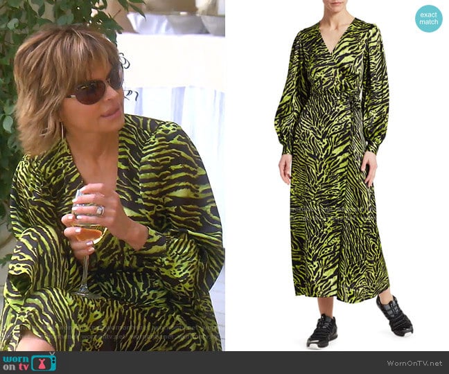 Ganni Stretch Silk Satin Tiger-Stripe Wrap Dress worn by Lisa Rinna on The Real Housewives of Beverly Hills
