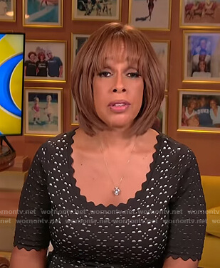 Gayle’s black scalloped trim dress on CBS Mornings