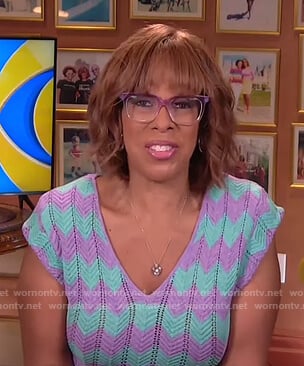 Gayle’s green and purple zig zag crochet dress on CBS This Morning