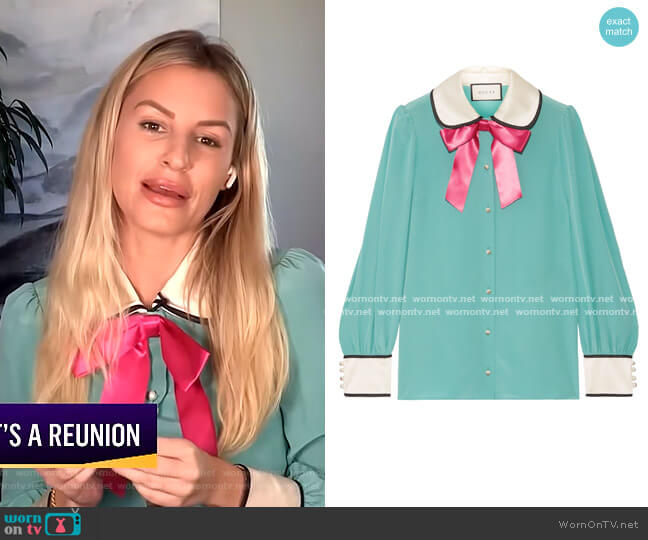 Gucci Bow-Embellished Satin-Trimmed Blouse worn by Morgan Stewart on E! News