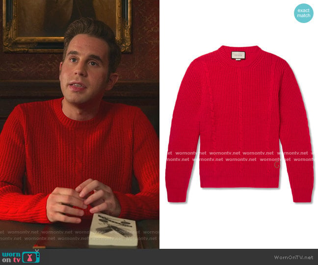 Gucci Logo-Embroidered Cable-Knit Wool-Blend Sweater worn by Payton Hobart (Ben Platt) on The Politician