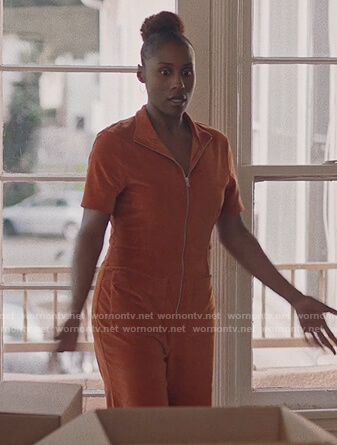 Issa’s orange velvet jumpsuit on Insecure