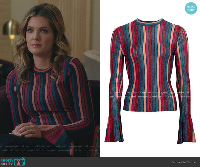 Jonathan Simkhai Metallic Stripe Bell-Sleeve Top worn by Sutton (Meghann Fahy) on The Bold Type
