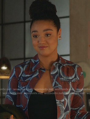 Kat’s navy and brown geometric print shirtdress on The Bold Type