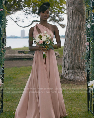 Kiesha’s pink twisted one shoulder dress on The Chi