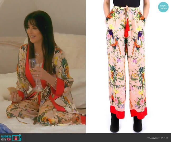 Kyle x Shahida Rhobh Kyle Silk Pant In Bird Print worn by Kyle Richards on The Real Housewives of Beverly Hills