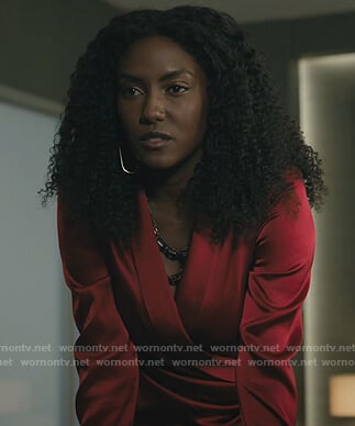 Lauren’s red satin wrap blouse on Billions
