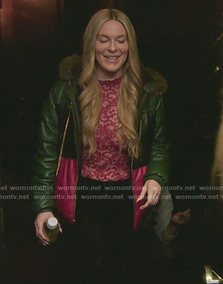 Leah’s green leather colorblock jacket on The Real Housewives of New York City