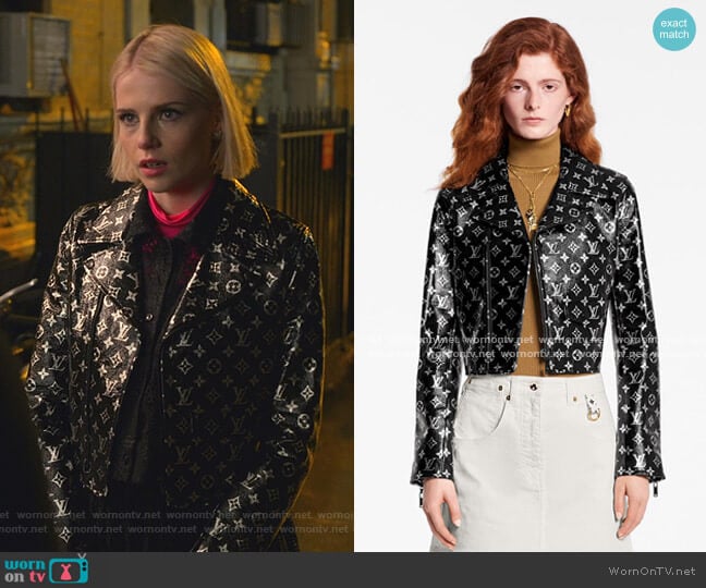 Louis Vuitton Monogram Printed Leather Biker Jacket worn by Astrid (Lucy Boynton) on The Politician