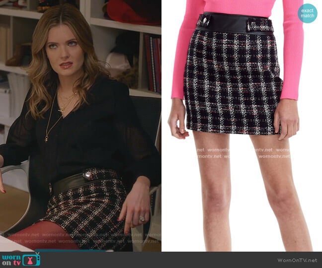 Maje Jisido Faux Leather Detail Tweed Miniskirt worn by Sutton (Meghann Fahy) on The Bold Type