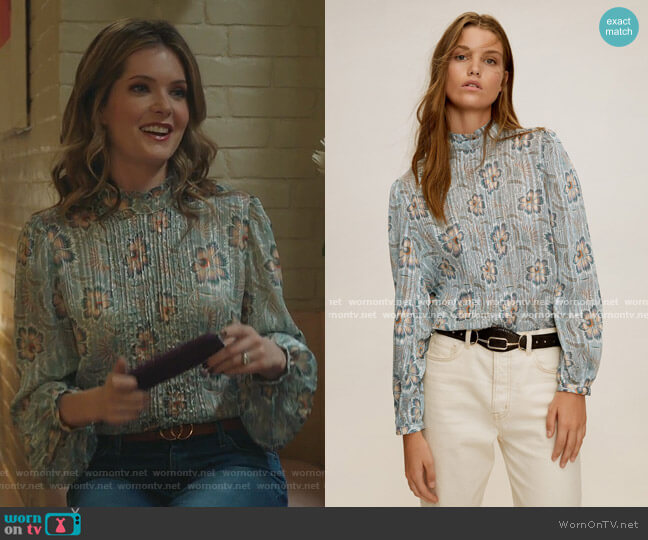 Mango Pleated Metallic Blouse worn by Sutton (Meghann Fahy) on The Bold Type