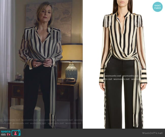 Monse Regalia Stripe Fringe Silk Chiffon Top worn by Jacqueline (Melora Hardin) on The Bold Type