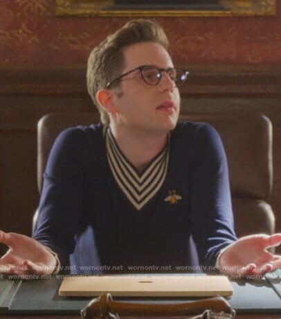 Payton’s navy embroidered bee sweater on The Politician