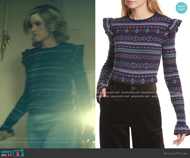 Ralph Lauren Fair Isle Ruffle Sleeve Merino Wool Blend Sweater worn by Betty Broderick (Amanda Peet) on Dirty John
