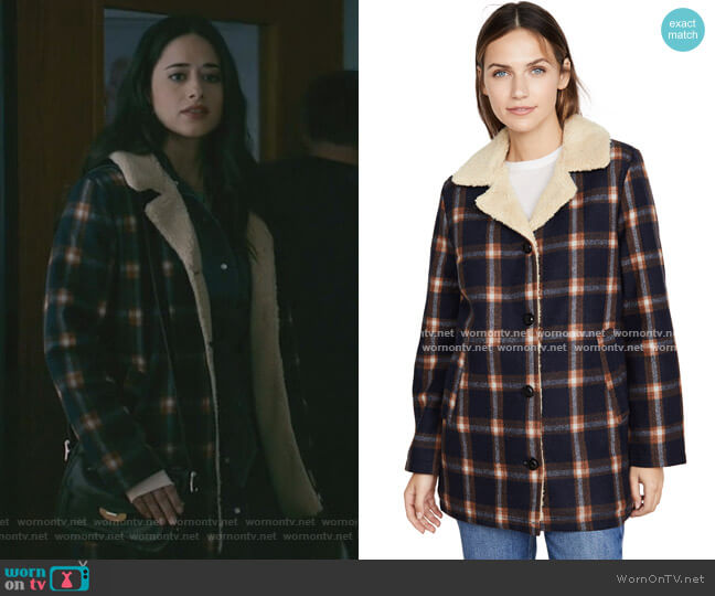 Rolla's Check Sherpa Coat worn by Liz Ortecho (Jeanine Mason) on Roswell New Mexico