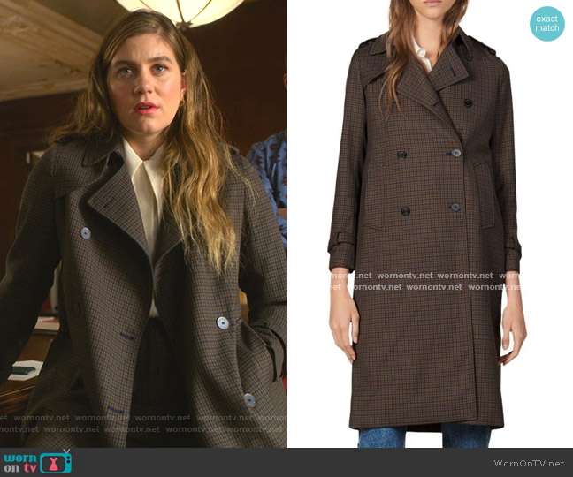 Sandro Even Check Trench Coat worn by McAfee (Laura Dreyfuss) on The Politician