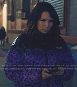 Sara’s purple leopard puffer jacket on Love Life