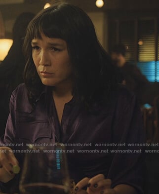Sara’s purple satin shirtdress on Love Life