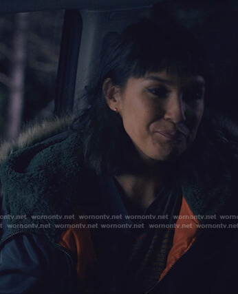 Sara’s green fur trim hooded jacket on Love Life