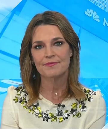 Savannah’s white floral embellished sweater on Today