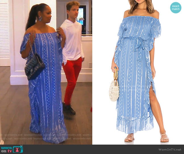 Saylor Ruffled Metallic-Print Maxi Dress worn by Garcelle Beauvais on The Real Housewives of Beverly Hills