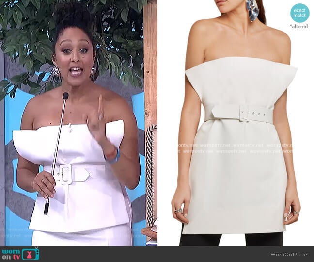 Solace London Ammie Strapless Belted Crepe Top worn by Tamera Mowry on The Real