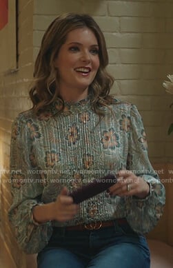 Sutton’s metallic floral pleated blouse on The Bold Type