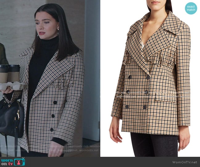The Kooples Fringe-Trim Double-Breasted Plaid Blazer worn by Jane Sloan (Katie Stevens) on The Bold Type