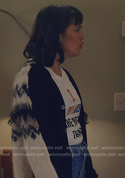 Sara’s white fair isle cardigan on Love Life