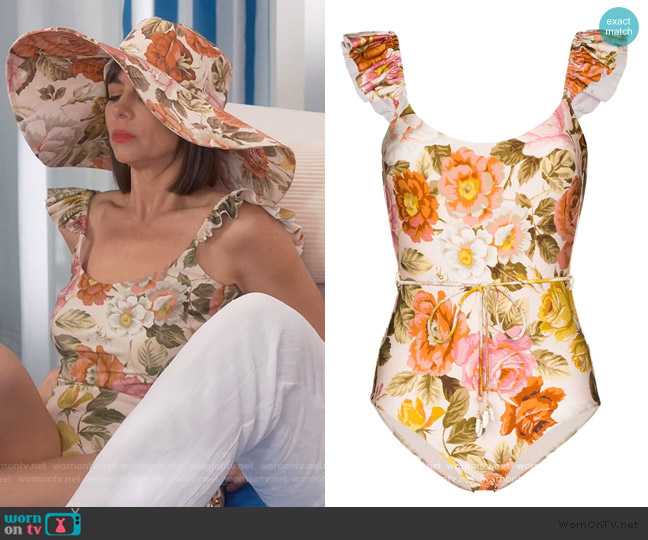 Zimmermann Ruffle Trimmed Floral Print Swimsuit worn by Jackie (Pauley Perrette) on Broke