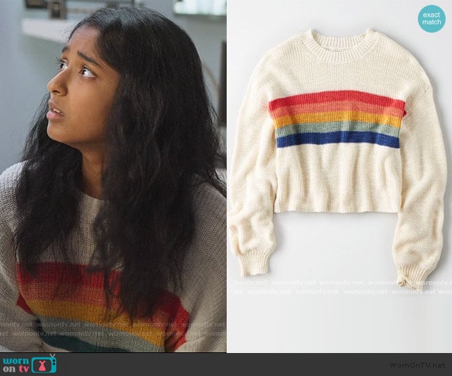 American Eagle Rainbow Striped Sweater worn by Devi Vishwakumar (Maitreyi Ramakrishnan) on Never Have I Ever