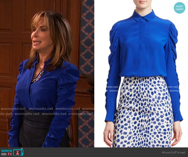 Akris punto Ruched Sleeve Silk Blouse worn by Kate Roberts (Lauren Koslow) on Days of our Lives