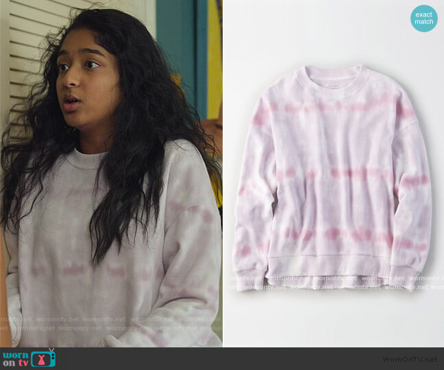 American Eagle Tie Dye Drop Shoulder Sweater worn by Devi Vishwakumar (Maitreyi Ramakrishnan) on Never Have I Ever
