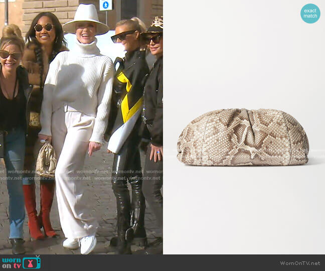 Bottega Veneta The Pouch Python Clutch worn by Erika Jayne on The Real Housewives of Beverly Hills
