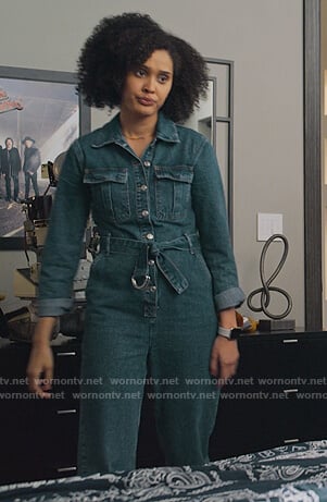 Fabiola’s denim belted jumpsuit on Never Have I Ever