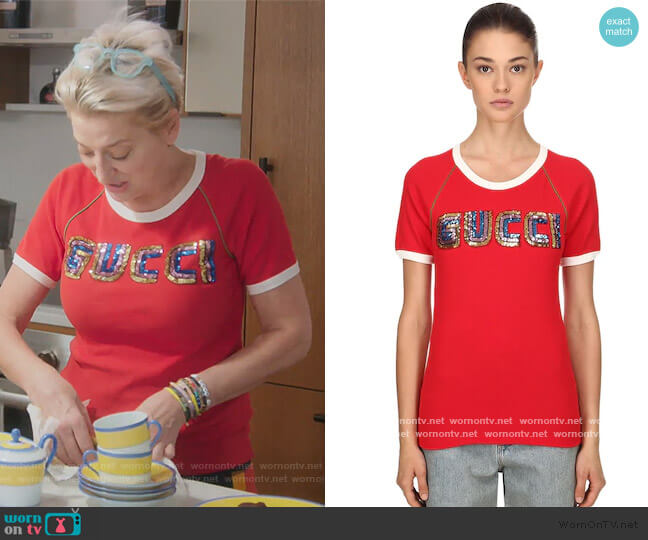 Gucci Sequined Cotton Ribbed Jersey T-shirt worn by Dorinda Medley on The Real Housewives of New York City