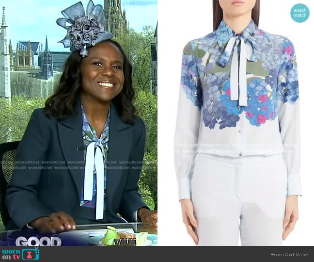 Valentino Hydrangea Print Silk Crepe de Chine Tie Neck Blouse worn by Deborah Roberts on Good Morning America