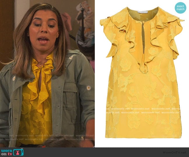 Joie Eddison ruffled fil coupé georgette blouse worn by Jo (Christina Vidal Mitchell) on United We Fall