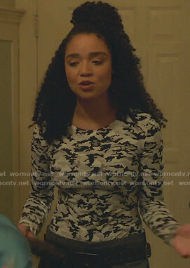 Kat’s grey camo print top on The Bold Type