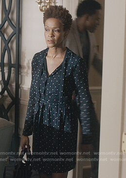 Kerissa’s black printed wrap dress on Greenleaf