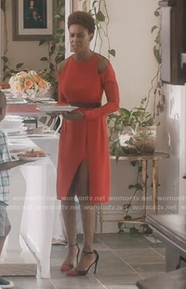 Karissa’s red cold shoulder dress on Greenleaf