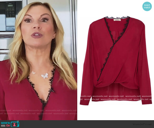 L'Agence Rosario lace-trimmed wrap-effect silk blouse worn by Ramona Singer on The Real Housewives of New York City