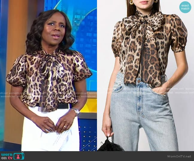 Dolce & Gabbana Leopard Print Pussy Bow Blouse worn by Deborah Roberts on Good Morning America