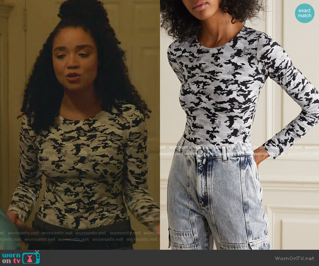 MM6 Maison Margiela Camouflage-Print Stretch-Jersey Thong Bodysuit worn by Kat Edison (Aisha Dee) on The Bold Type