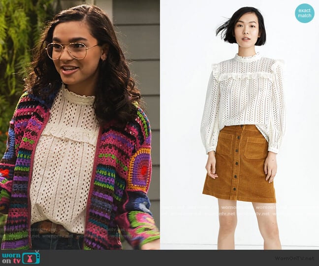 Madewell Eyelet Mockneck Ruffle Top worn by Ashley Garcia (Paulina Chávez) on The Expanding Universe of Ashley Garcia