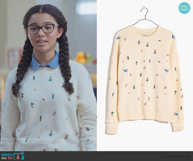 Madewell Lei-cation Embroidered Mainstay Sweatshirt worn by Mary-Anne Spier (Malia Baker) on The Baby-Sitters Club